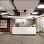 Stylish office reception area with contemporary design in New Delhi.