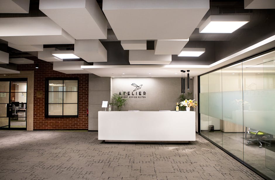 Stylish office reception area with contemporary design in New Delhi.